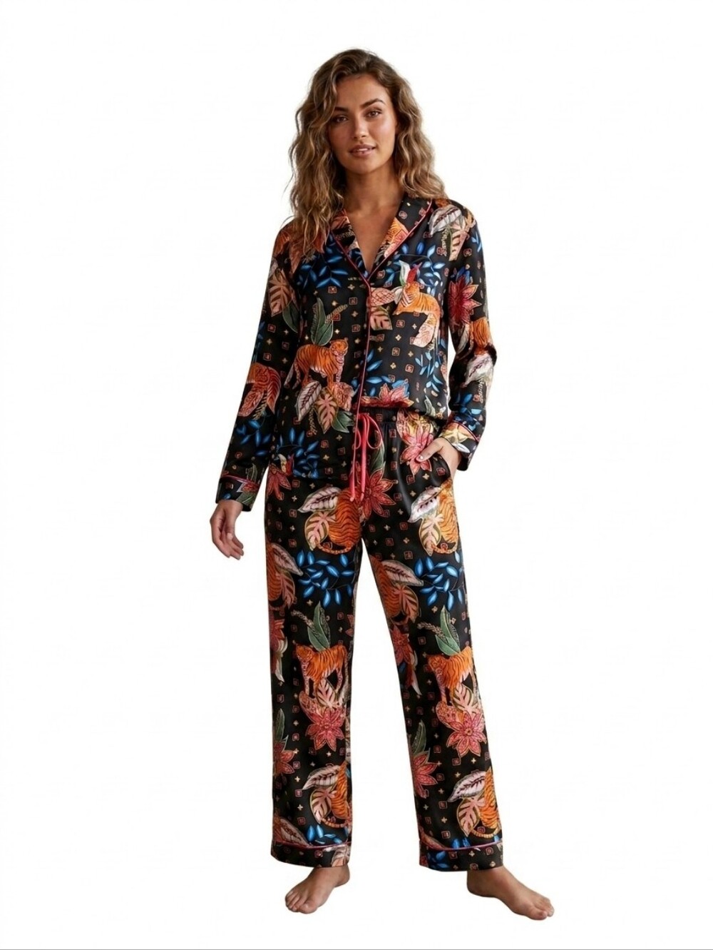 Room Service Tiger Floral Tropical Pajama Set Size S Long Sleeve Sleepwear - Picture 2 of 8